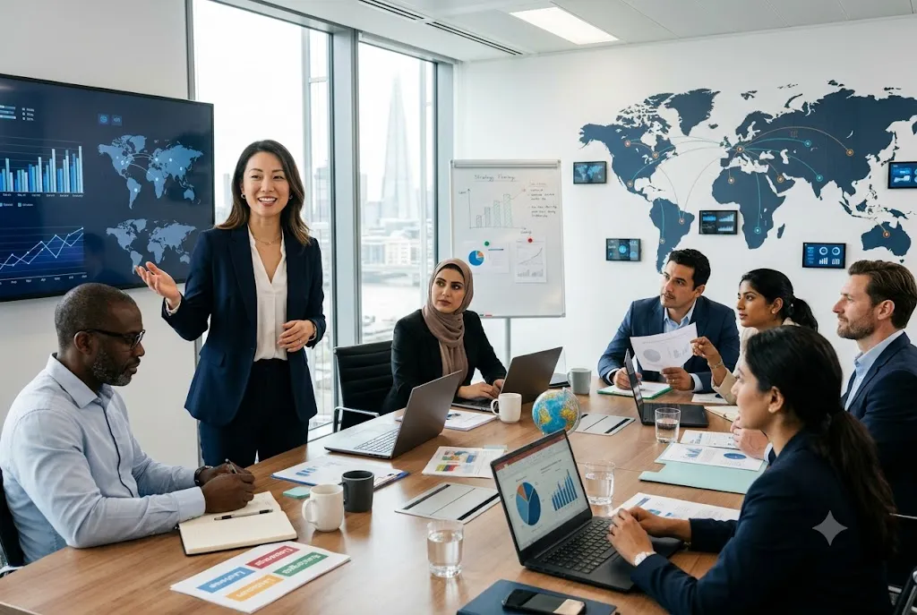 Professional demonstrating the benefits of learning a new language for career growth during an international business meeting.