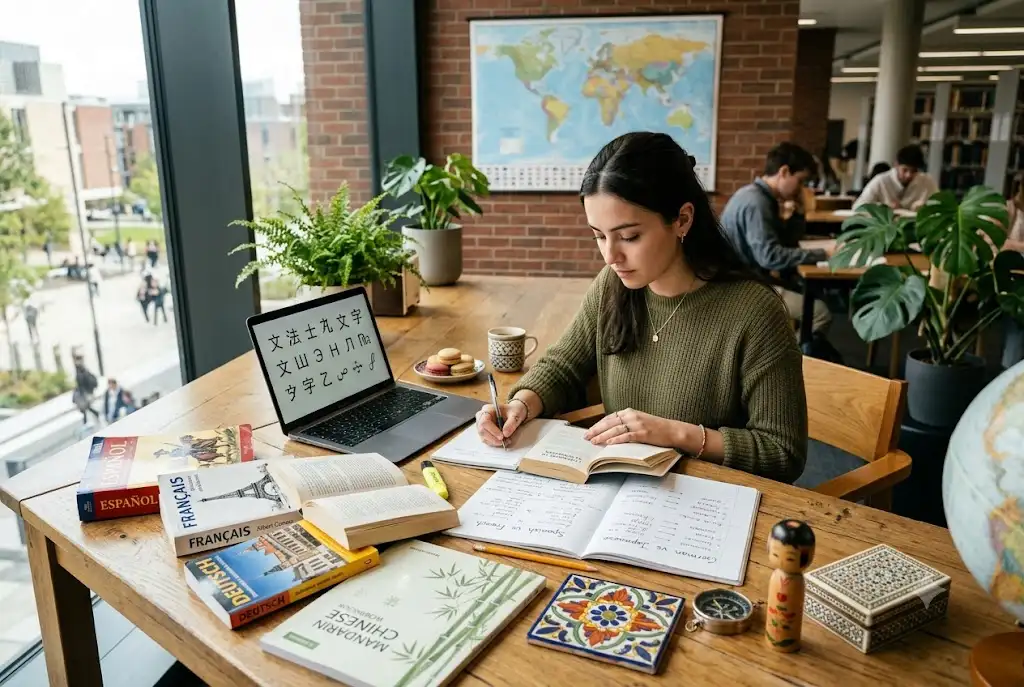 Student exploring the best foreign language to learn using multilingual educational resources.