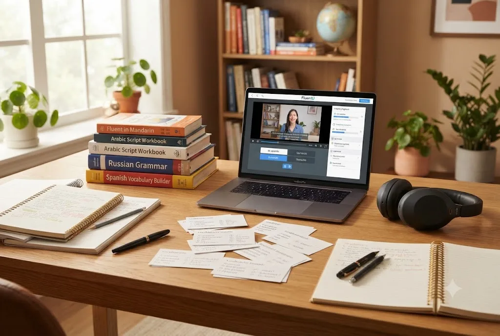 Collection of books about learning languages on a study desk