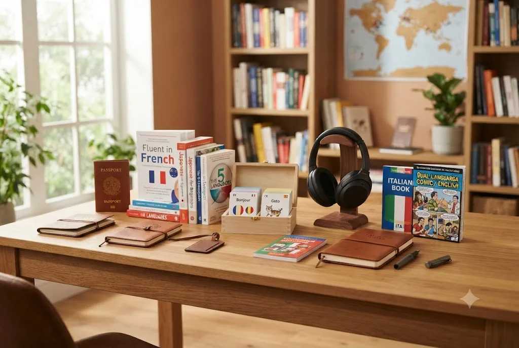 Collection of language learning gifts including books and study accessories