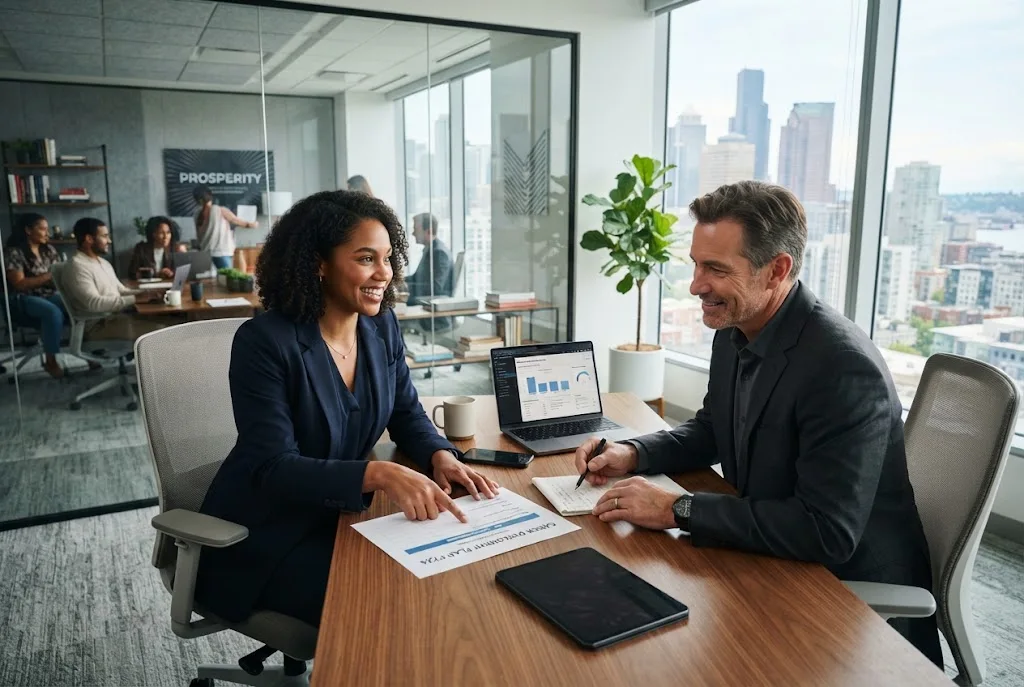 Promotion opportunities and career advancement discussion between a professional and manager